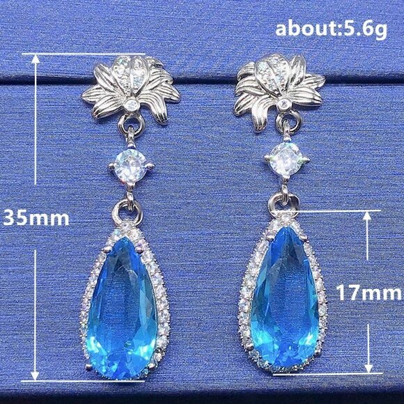 925 Silver Pear Cut Flower Shaped Blue Earrings for Women, FB16FA1039 - Picture 4 of 5